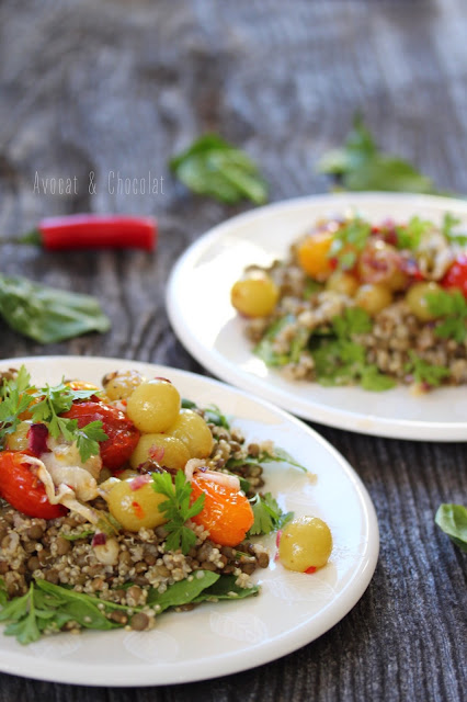 alt="2 assiettes blanches remplies de salade de quinoa et lentille présentée sur une vieille planche grise"