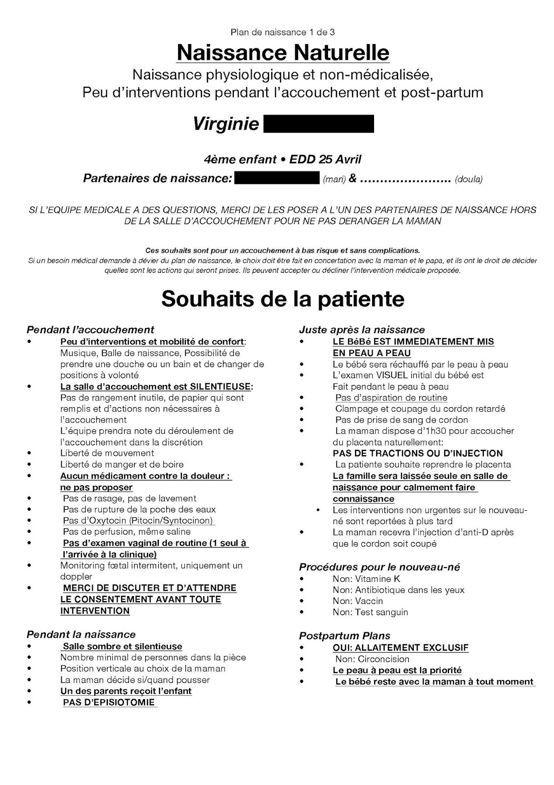 Le Blog Un exemple de plan de naissance naturelle à l'hopital