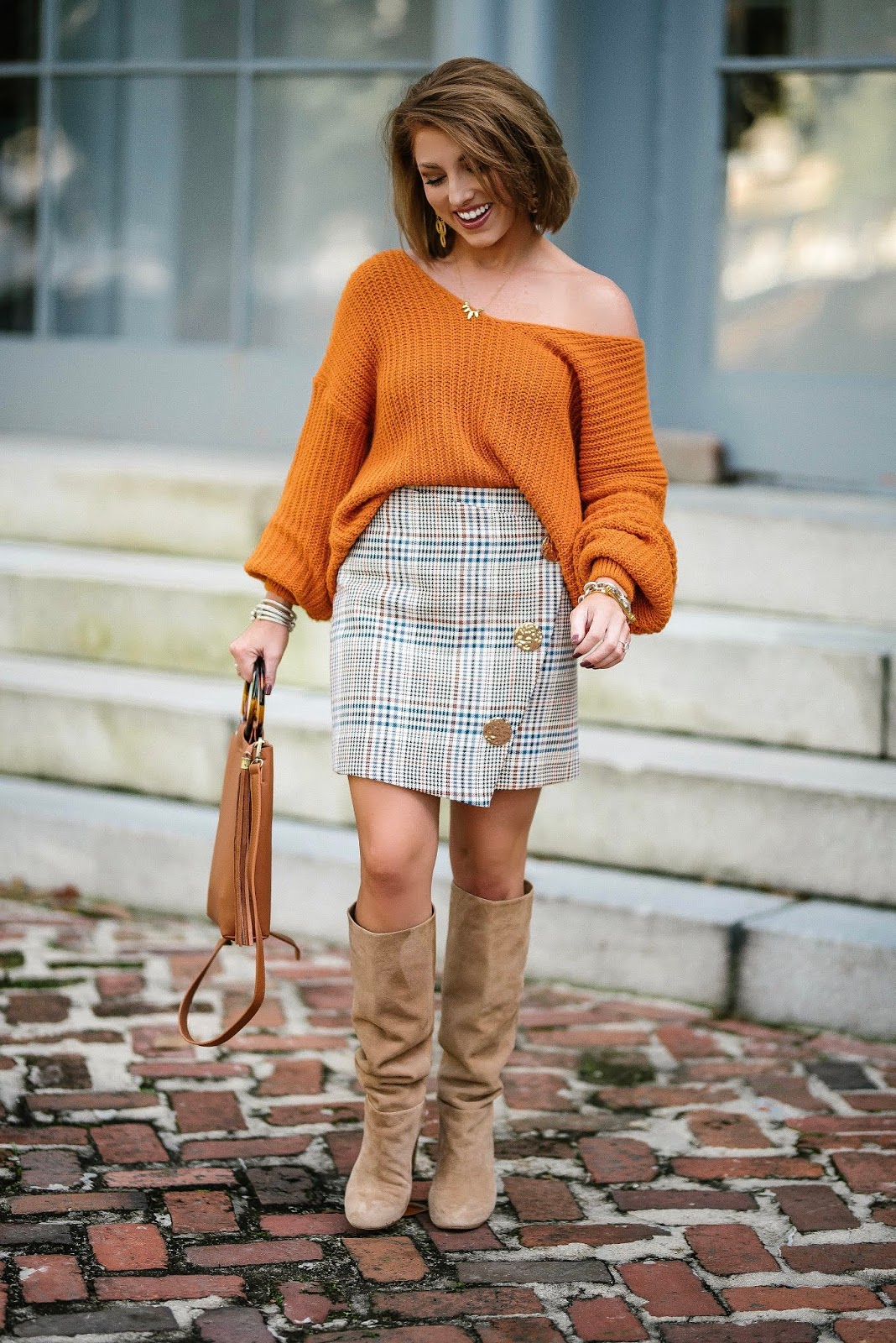 Under $60 Plaid Faux-Wrap Skirt for Fall + Slouchy Orange Sweater - Something Delightful Blog