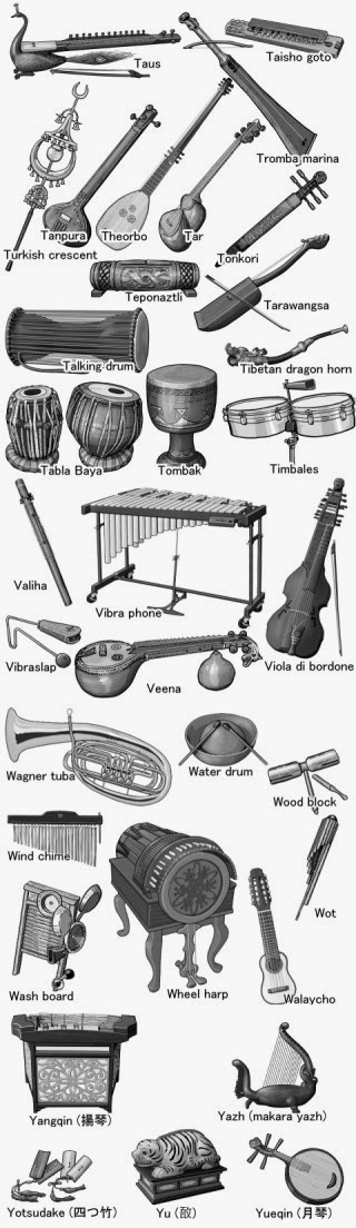 楽器のイラスト 白黒 World musical instruments monochrome illustration