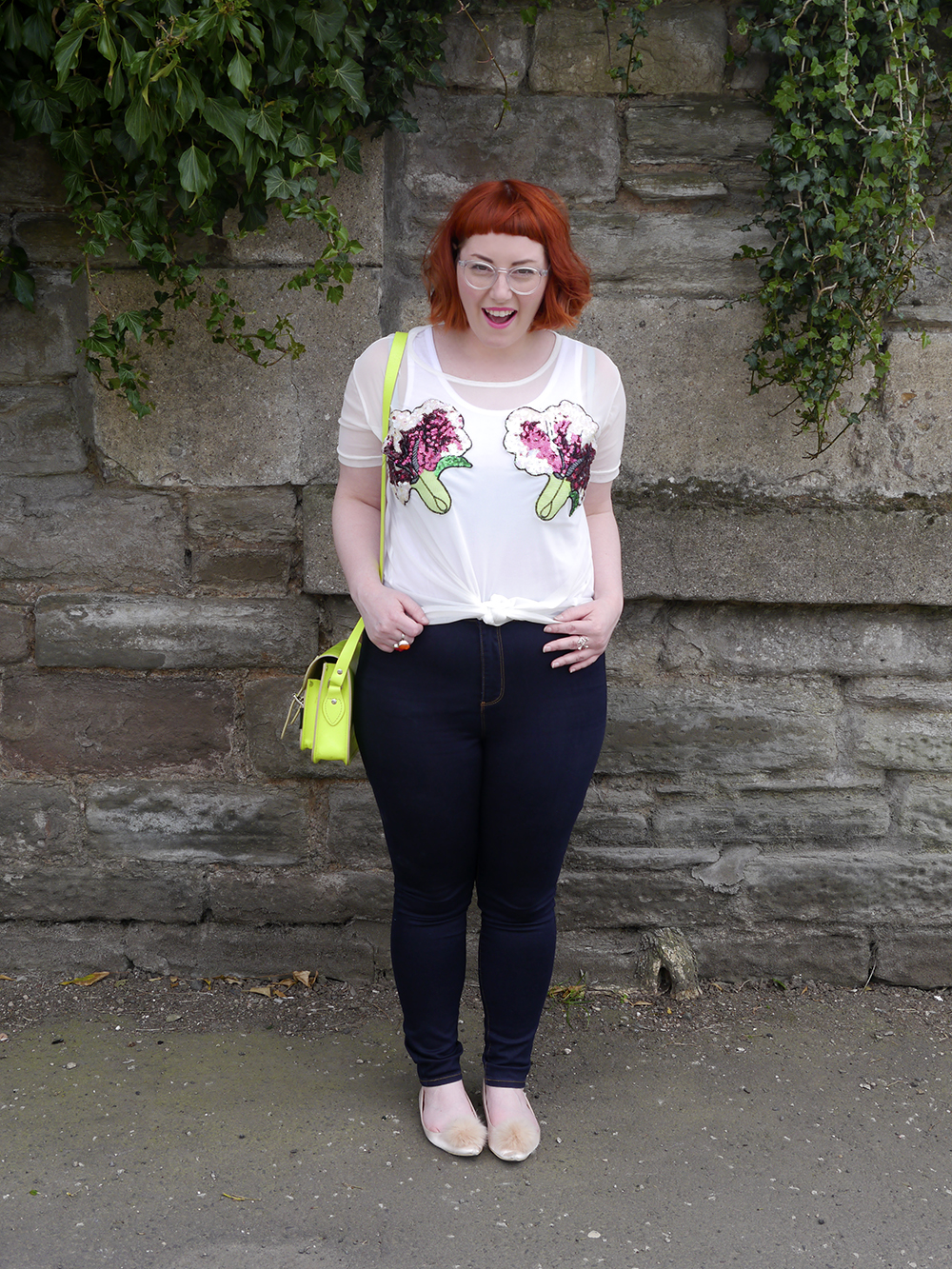 styled by Helen, Scottish blogger, Dundee blogger, red head, ginger hair, short ginger hair, Iolla glasses, #seewithiolla, Never Monday, day time sequins, sequin top, casual sequins, Yoshi satchel, neon yellow satchel, denim jean, pom pom shoes, pom pom flat shoes, pink pom pom shoes