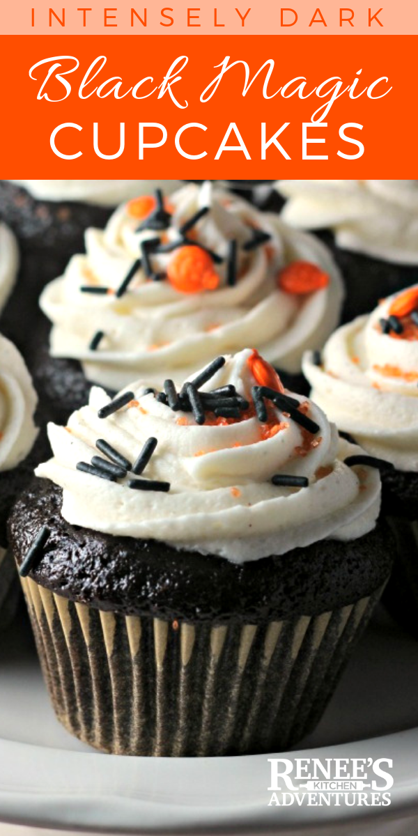 Black Magic Cupcakes with Vanilla Bean Buttercream Icing: The BEST deep chocolate cake recipe ever! Topped with sweet vanilla bean buttercream make a great treat for Halloween or anytime. #cupcakes #homemadecupcakes #chocolatecupcakes #bestchocolatecupcakerecipe