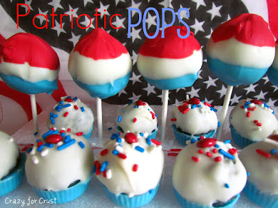 cake pops on sticks and cake balls red white and blue with words on photo