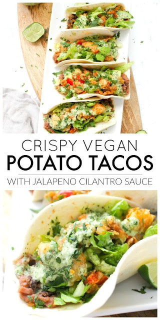 CRISPY VEGAN POTATO TACOS WITH JALAPEÑO CILANTRO SAUCE CRISPY VEGAN POTATO TACOS WITH JALAPEÑO CILANTRO SAUCE
