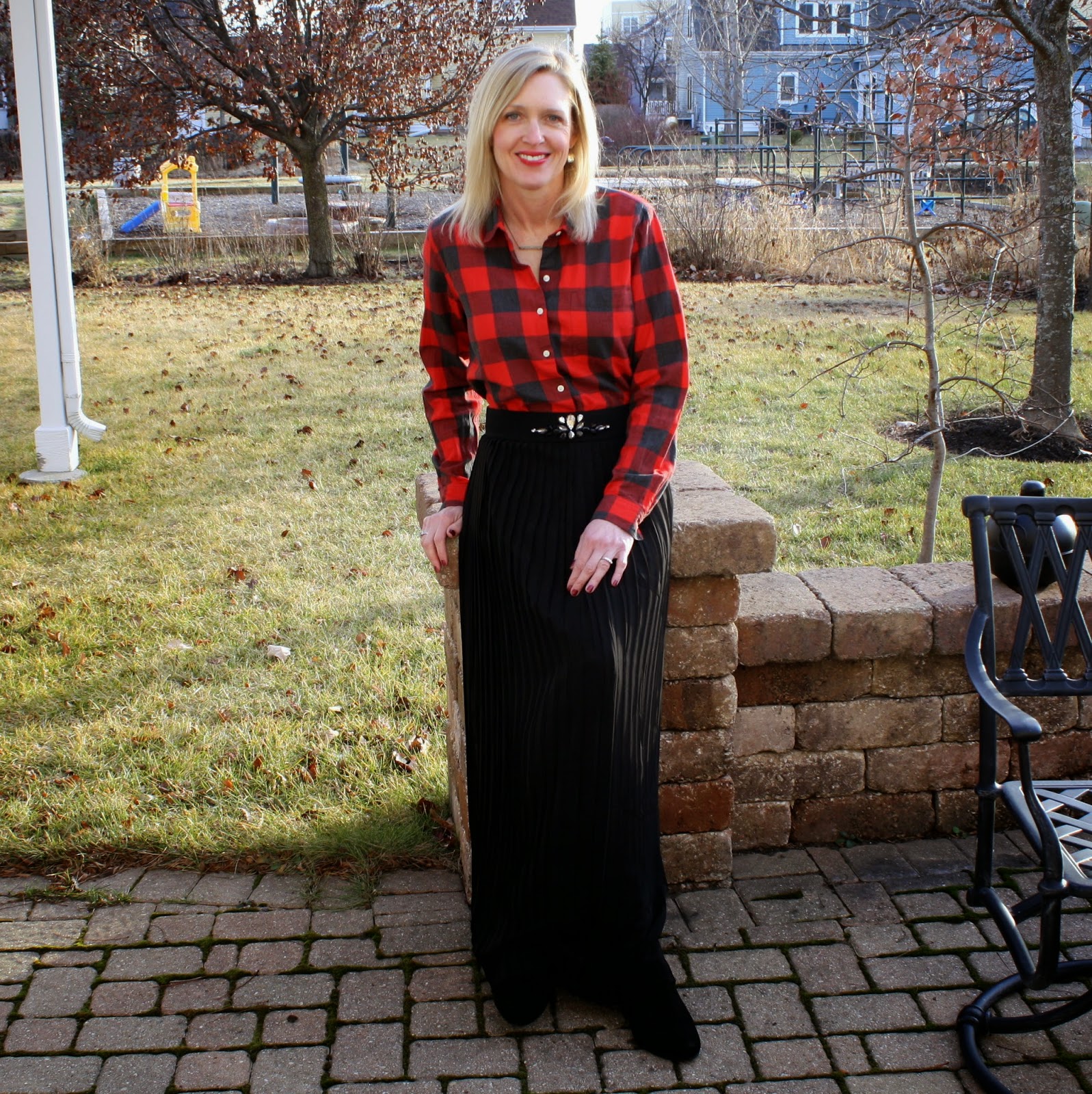 Buffalo Plaid Shirt and Pleated Maxi Skirt  Doused in Pink
