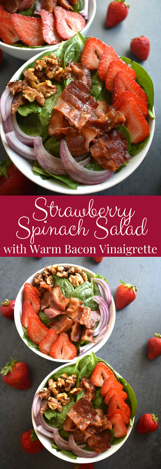 Strawberry Spinach Salad with Warm Bacon Vinaigrette is the perfect salad with red onions, strawberries, crispy bacon, toasted nuts and a warm bacon dressing! www.nutritionistreviews.com