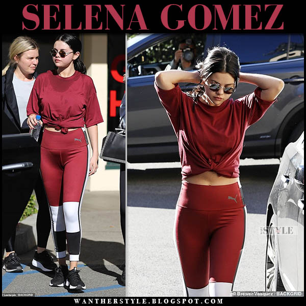 Selena Gomez in burgundy leggings and burgundy top in LA on December ~ I want her style - What celebrities wore and where to buy it. Celebrity Style