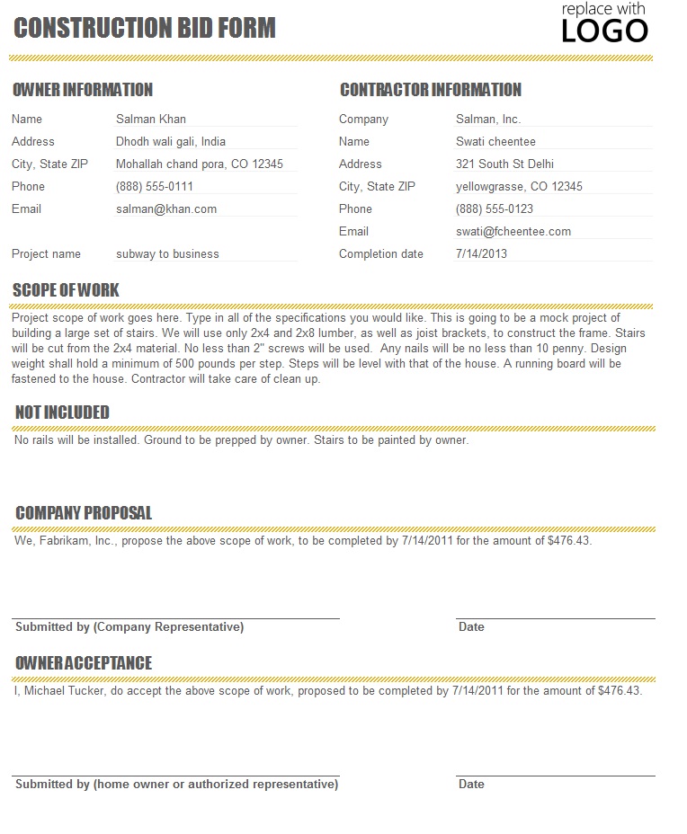Construction Bid Form Template Sample