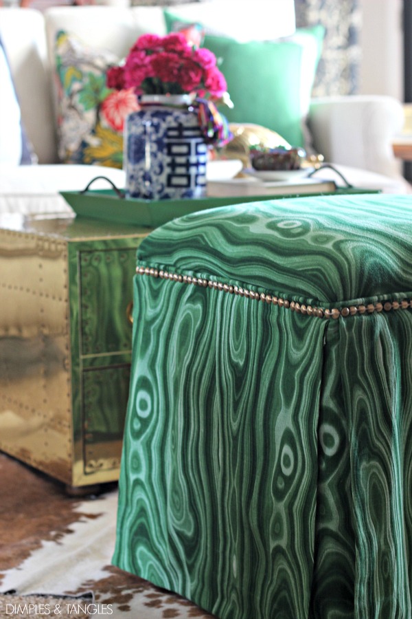 Diy Upholstered Ottomans Almost No Sew Dimples And Tangles How To Reupholster An Ottoman Robert Allen Malakos Malachite Fabric Diy Upholstered Makeover