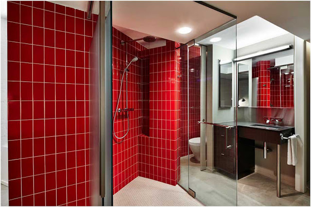 Badezimmer-ideen-hell-rot-Zeitgenössische-Eckdusche-Idee-Unterschwellige-Spüle-Dunkle-Holzschränke-und-rote-Fliesen