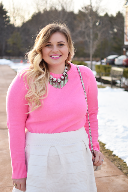 Valentine's Date Night Look Pink J.Crew Holly Sweater Bandage Skirt Hue Leggings Target Merona Black Pumps Baublebar Necklace ombre blonde hair natural makeup look new england style boston blogger style fashion blogger
