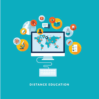blue background that has the text distance learning with a computer with different geo pin points and bubbles around it with a book, play button, test tube, book, eye and more