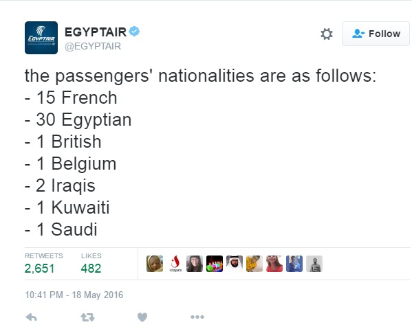 Egypt Air Release List Of Nationalities Of Passengers On Crashed Flight #MS804 Egypt Air Release List Of Nationalities Of Passengers On Crashed Flight #MS804