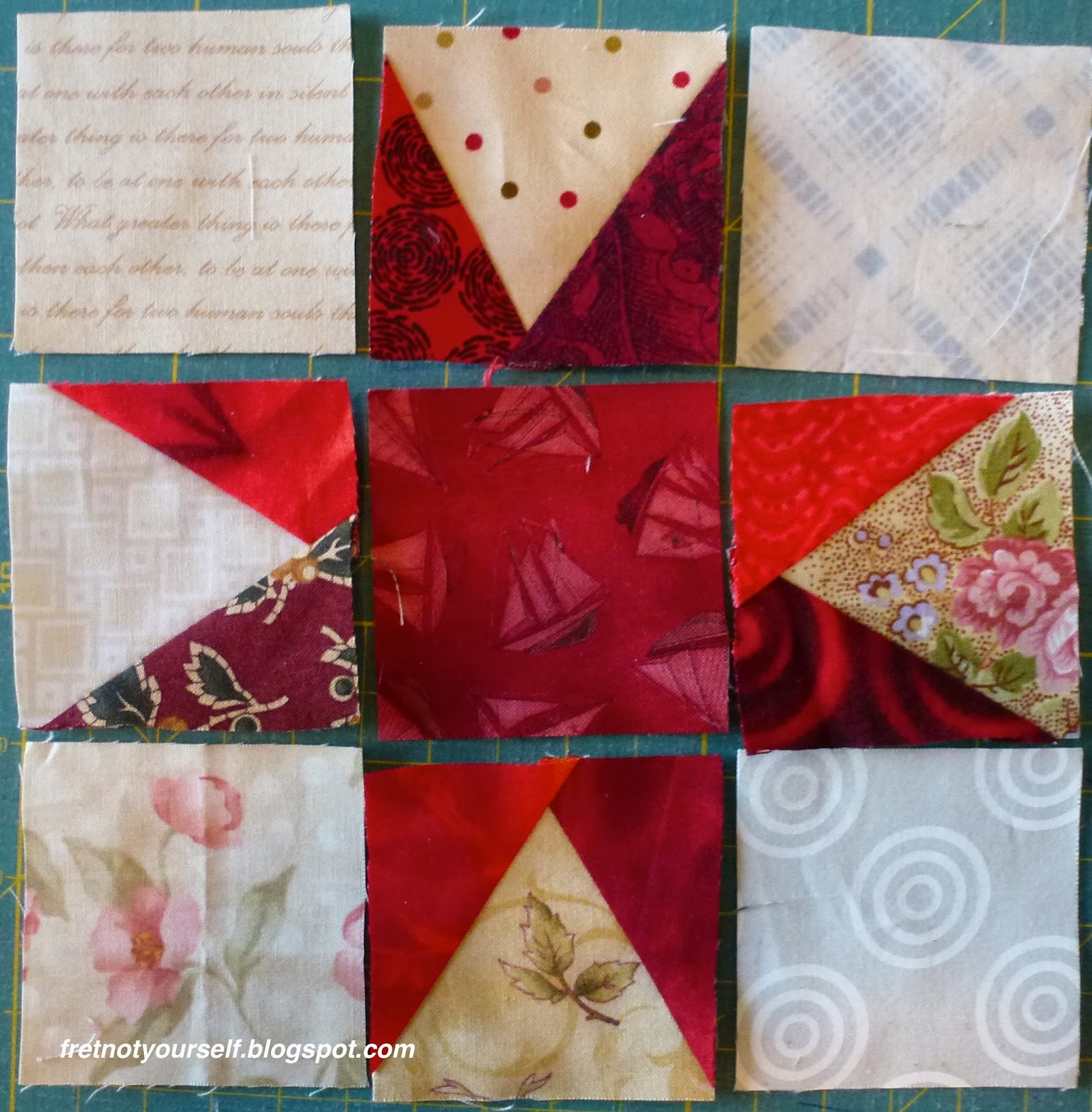 Layout of the nine patches for a Variable Star block Nine 2.5-inch square patches of red and cream are laid out to form a star