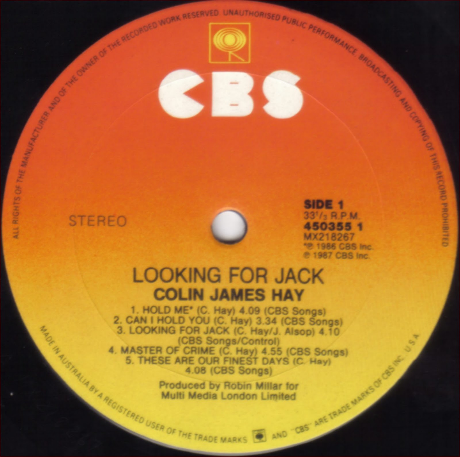 Rock On Vinyl Colin James Hay Looking For Jack (1986) + Bonus Track