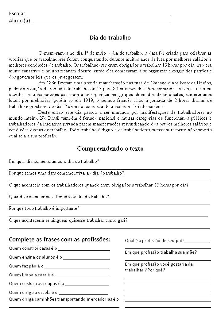 Construindo o Saber: Interpretação de texto dia do trabalho