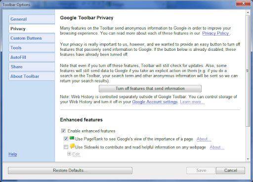 google toolbar privacy settings