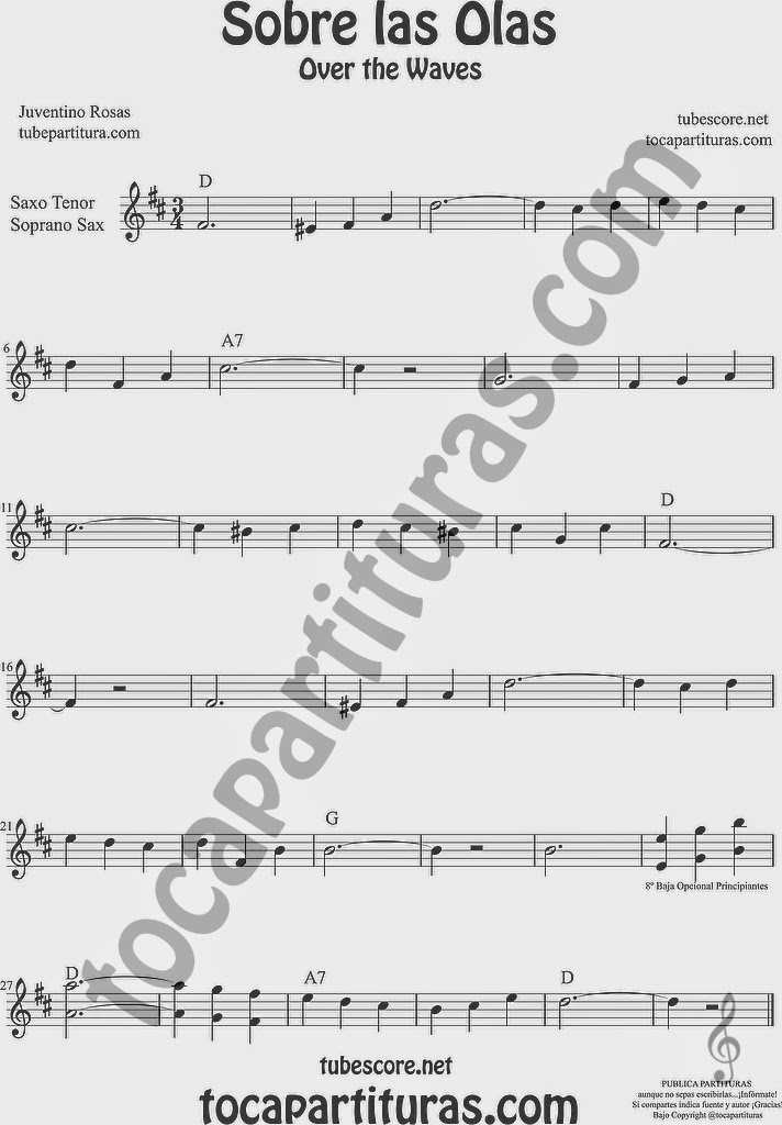 Sobre las Olas Partitura de Saxofón Soprano y Saxo Tenor Sheet Music for Soprano Sax and Tenor Saxophone Music Scores Juventino Rosas Over the Waves