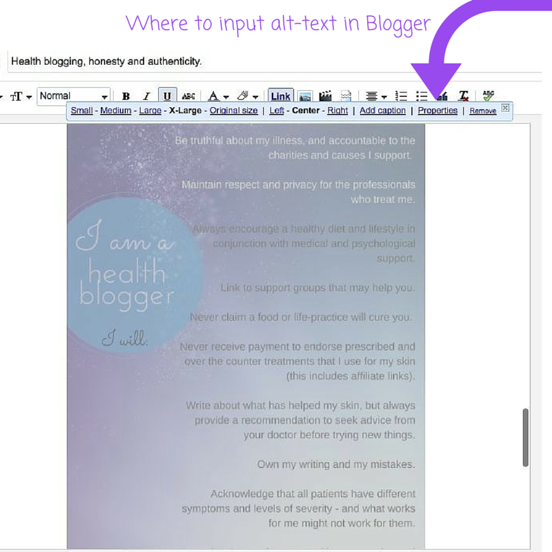 Instructions of where to put alt-text in Blogger draft