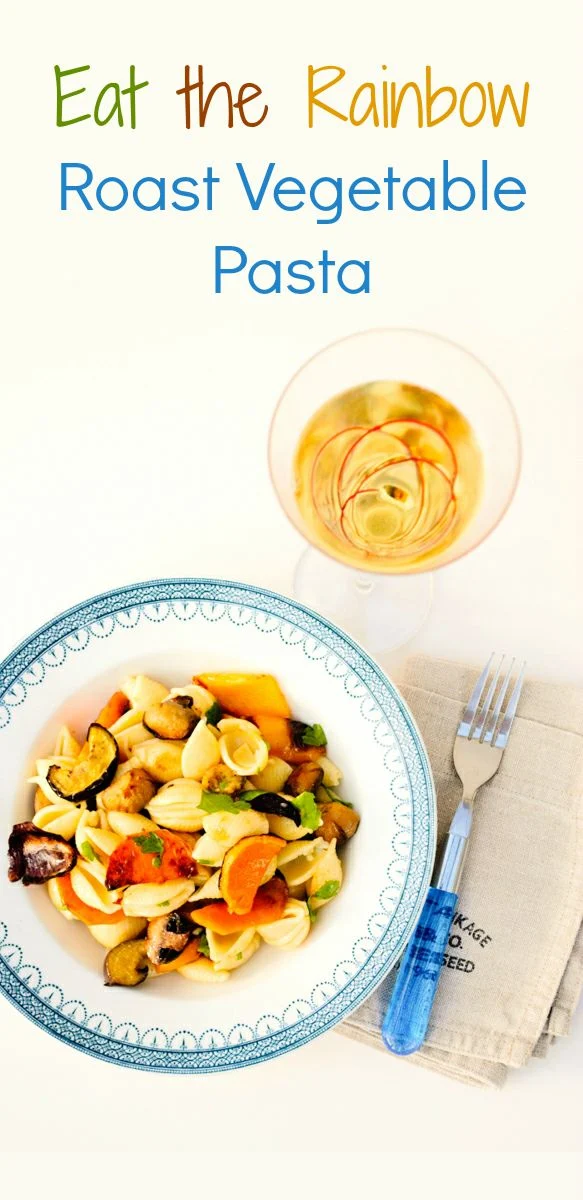 Eat the Rainbow Roast Vegetable Pasta. An autumnal pasta dish where the vegetables are the star of the dish.