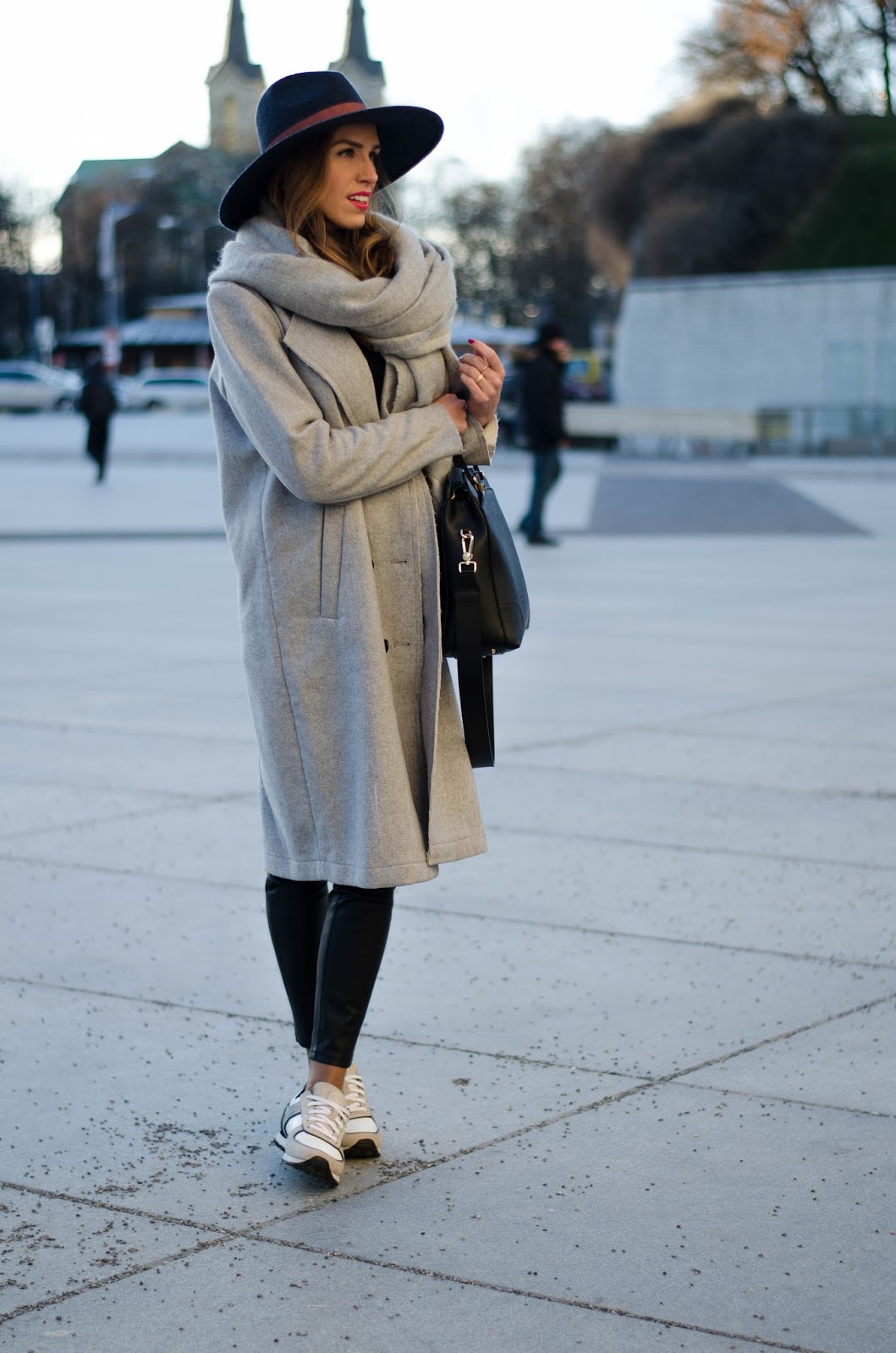 kristjaana mere vila gray wool coat white sneakers fedora winter outfit