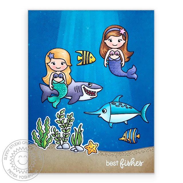 Sunny Studio Stamps: Best Fishes & Magical Mermaids with Shark & Swordfish card by Mendi Yoshikawa