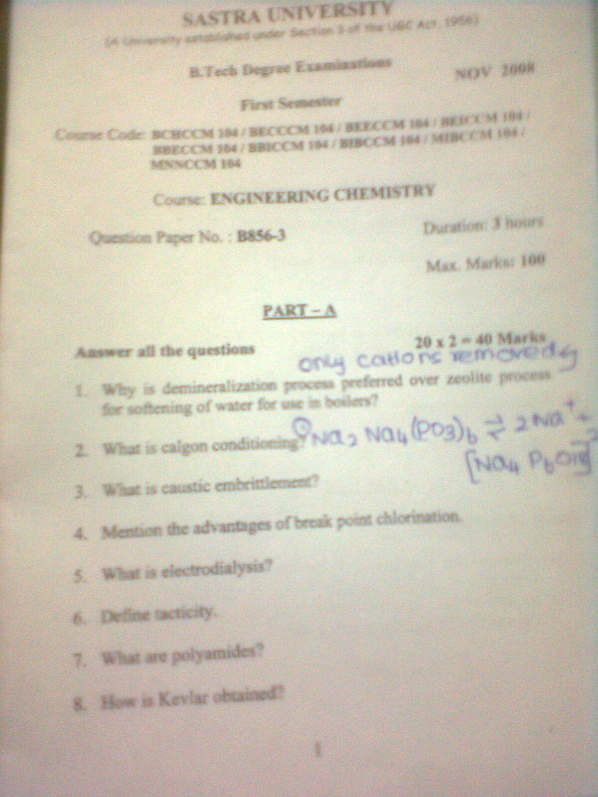 Engineering Chemistry Question Paper