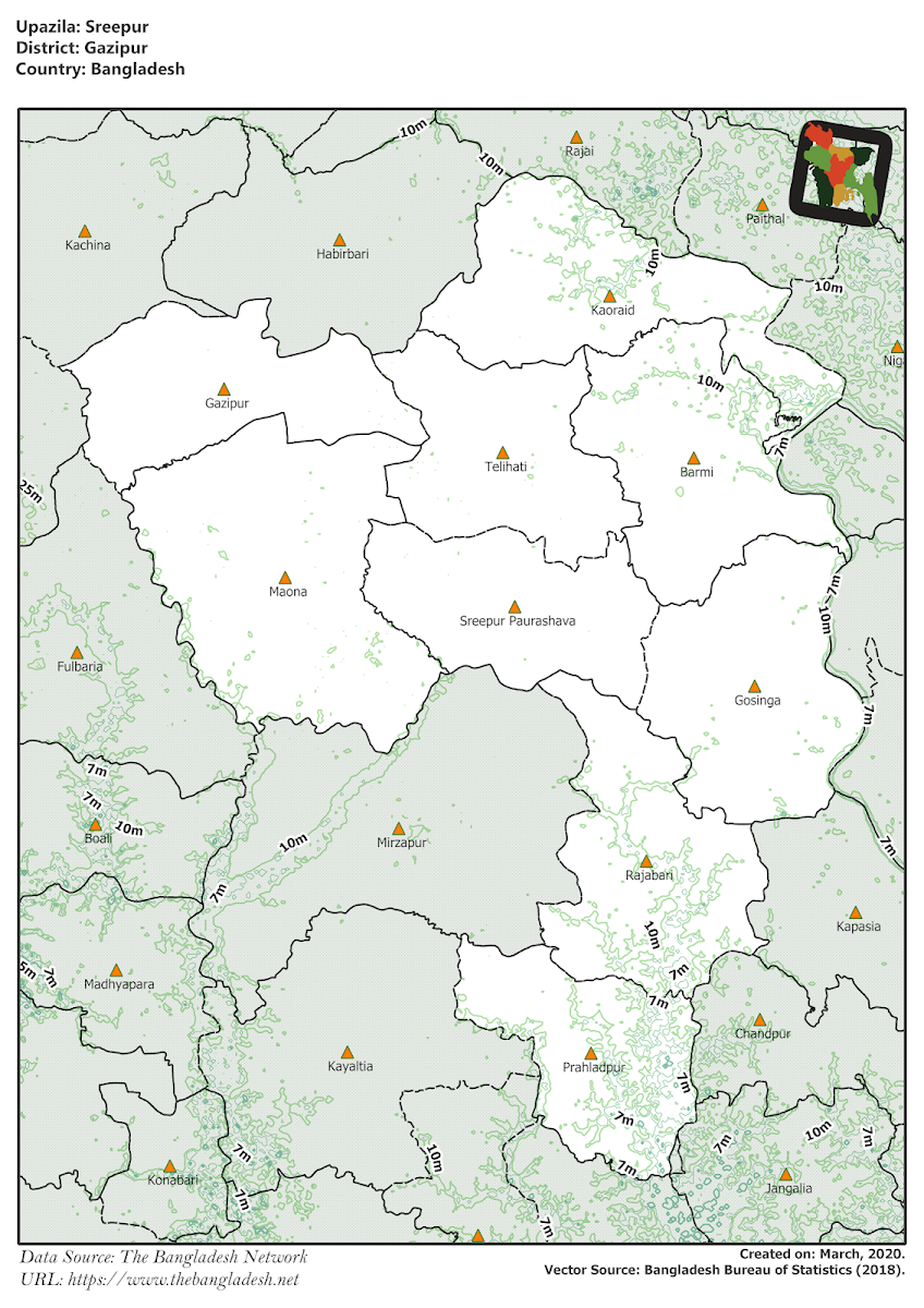 Sreepur Upazila Elevation Map Gazipur District Bangladesh