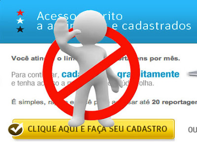 Imagem de uma advertência para cadastro no site da Folha de São Paulo, com montagem de um boneco junto do símbolo de proibido em frente a essa advertência.