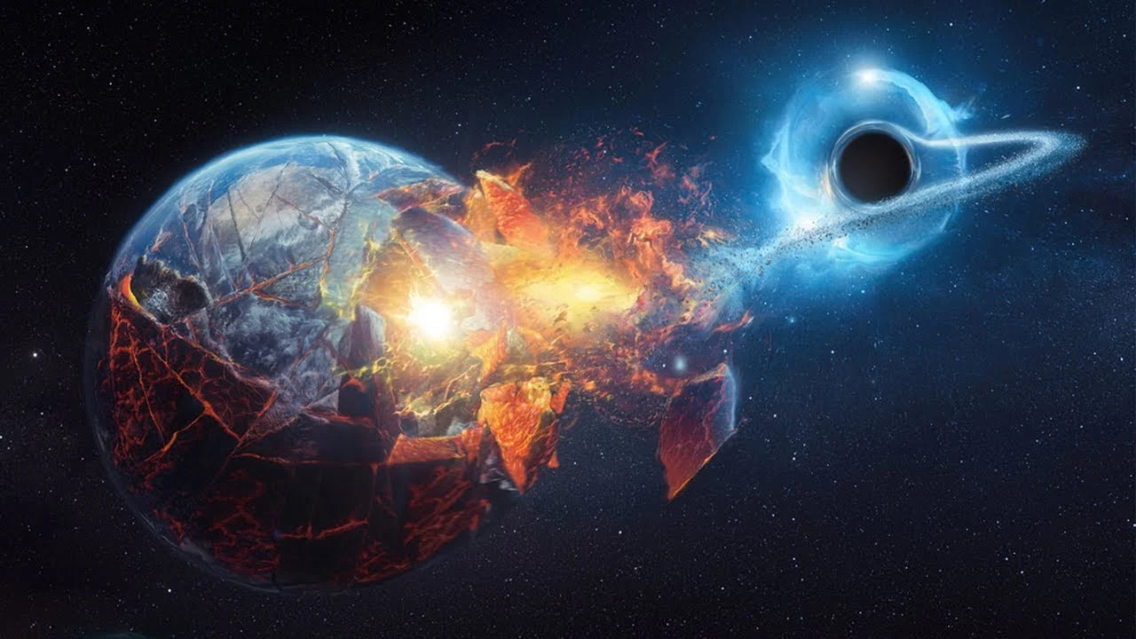 Ilustração de buraco negro sugando a Terra