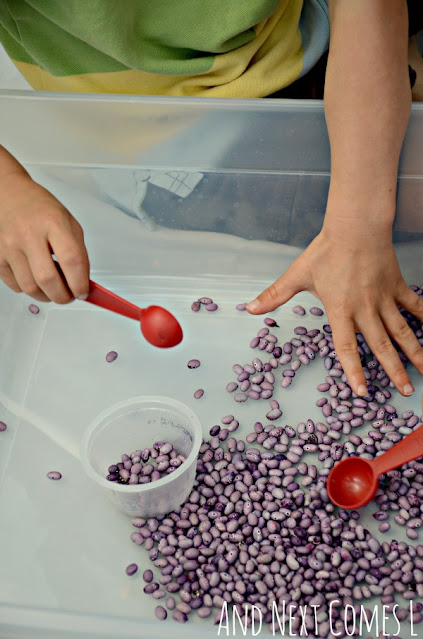 Child playing with a beans sensory bin