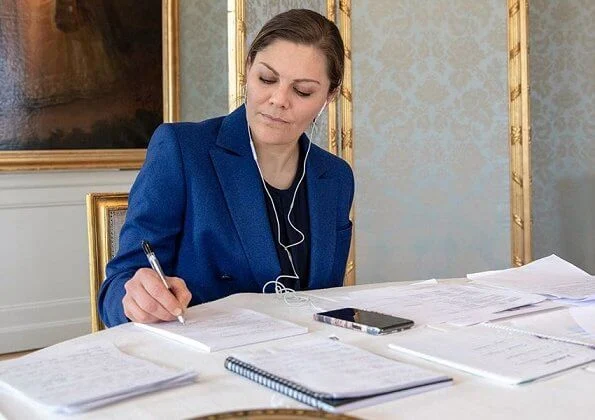 Crown Princess Victoria wore Rodebjer Zoe blazer and darcel trousers and Rodebjer navy blue silk blouse