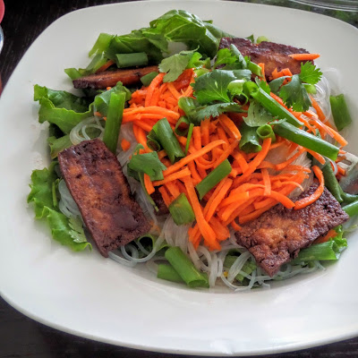 Hoisin Baked Tofu Vermicelli:  A vegetarian rice noodle salad with vegetables, herbs, and sweet and salty baked tofu.