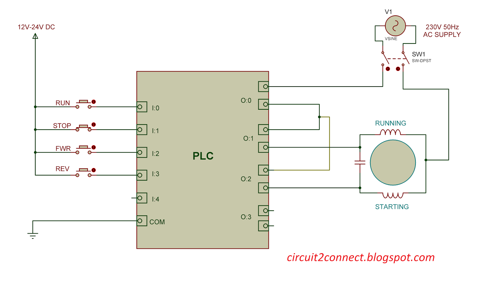 Single Phase Induction Motor Direction Control Using PLC (v3) - Circuit