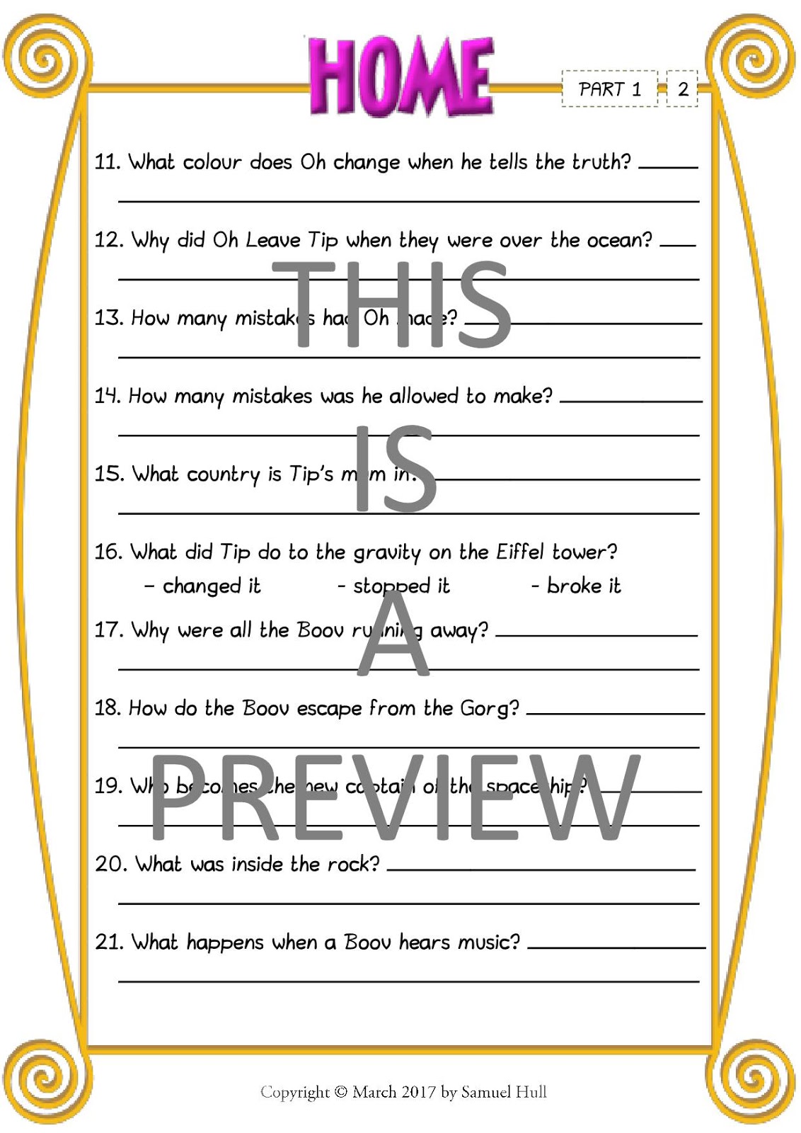 Home (2015) Movie Comprehension Questions Answer Key Included