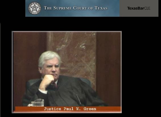 Justice Green at oral argument in health care liability arbitration case (video capture)