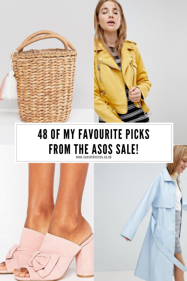 48 Of My Favourite Picks From The ASOS Sale! Banner Saying 48 Of My Favourite Picks From The ASOS Sale! with a basket bag, yellow suede jacket, blue coat & pink shoes on.