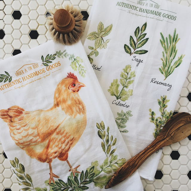 Flour Sack towels, kitchen utensils, Under a Tin Roof