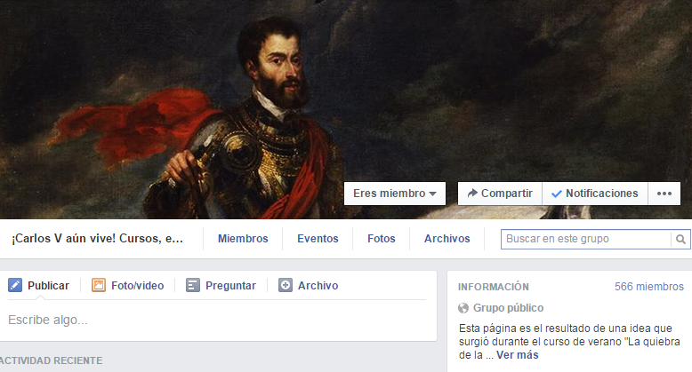 Grupos de Facebook para Historiadores. Portada del grupo de Facebook ¡Carlos V aún vive! Cursos,  encuentros y más sobre historia moderna