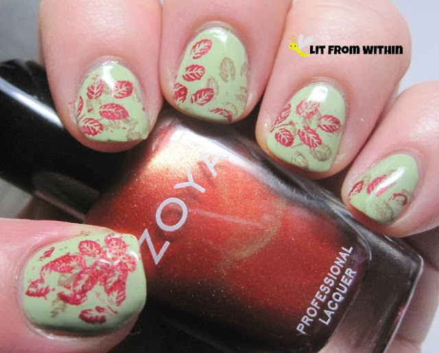 the plate is Anna's Nail Art W228, a branch with 5 leaves on it