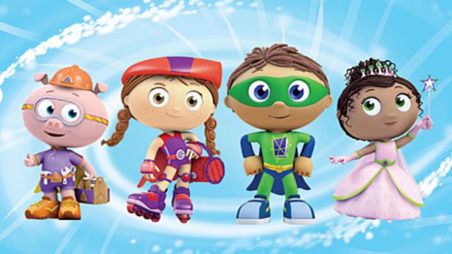 to the left) the protagonist of a kids show named super why (to