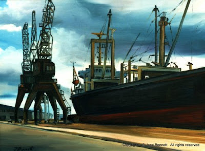 plein air oil painting of Newcastle wharf & shipping by industrial heritage artist Jane Bennett