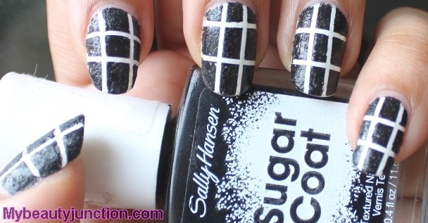 Textured black and white nail art with Sally Hansen Sugar Coat nail polish 
