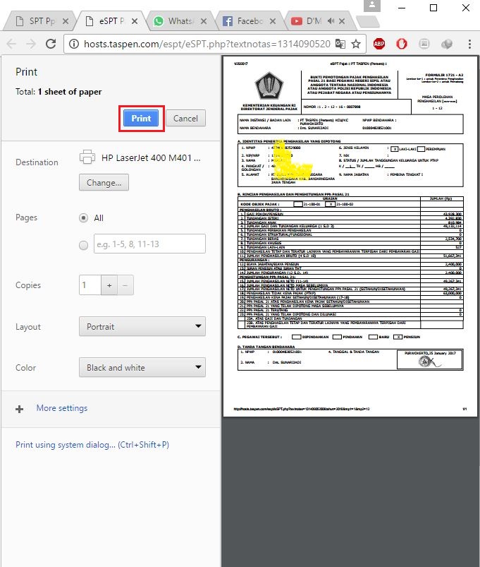 Cetak Bukti Potong Pph Pasal 21 1721 A2 Pensiunan Dari Pt Taspen Pajeg