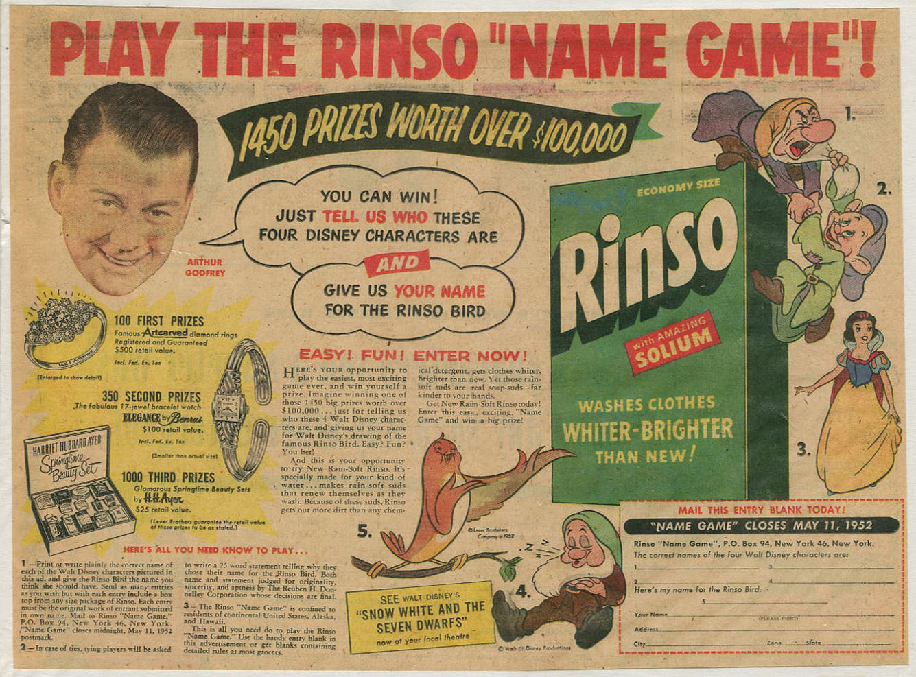 Filmic Light - Snow White Archive: 1952 Rinso Name Game Promotion