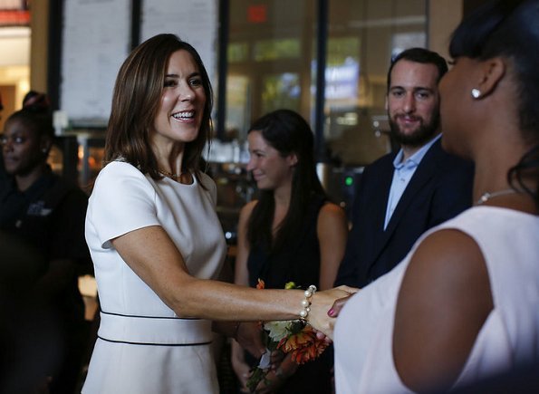 Crown Princess Mary wore Hugo Boss blouse and trousers, Gianvito Rossi pumps visit Claus Meyer's Brownsville Community Culinary Center