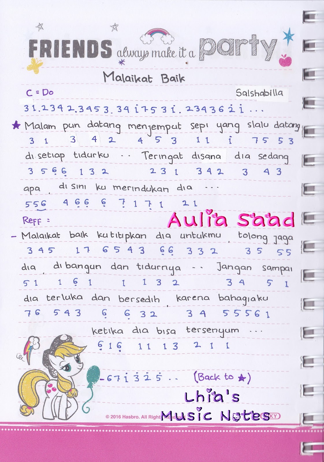 Not Angka : Salshabilla Andriani - Malaikat Baik | Aulia's World