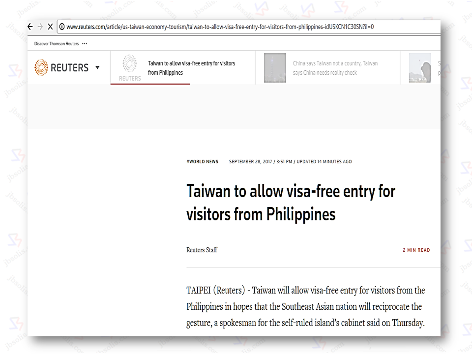  Taiwan will allow visa-free entry for visitors from the Philippines in hopes that the country will reciprocate the gesture, a spokesman for the self-ruled island's cabinet said on Thursday. Taiwan does not have formal diplomatic relations with the Philippines, which recognizes the "one China" policy under which Manila acknowledges the Chinese position that there is only one China and Taiwan is part of it. China considers Taiwan a renegade province to be taken back by force, if necessary. Whether the visa-free policy takes effect in October or November is to be decided by the foreign ministry, said Hsu Kong-yung, the spokesman of Taiwan's executive yuan, or cabinet. "After we open up the visa-free arrangements, in view of equal mutual benefits, we also hope they will make visa-free arrangements with Taiwan," he told a news conference. Taiwan's visa-free policy for the Philippines was earlier announced to begin in June this year, but was later postponed. Sponsored Links Taiwan already has visa-free arrangements with Australia, Malaysia, New Zealand and Singapore. The government is continuing this year with a pilot scheme with Brunei and Thailand kicked off last year. It is also considering visa-free arrangements with Indonesia and Vietnam, according to a government document seen by Reuters. A government spokesman did not immediately answer telephone calls from Reuters to seek comment on the Indonesia and Vietnam plans. Source: Reuters   Advertisement  READ MORE:       ©2017 THOUGHTSKOTO