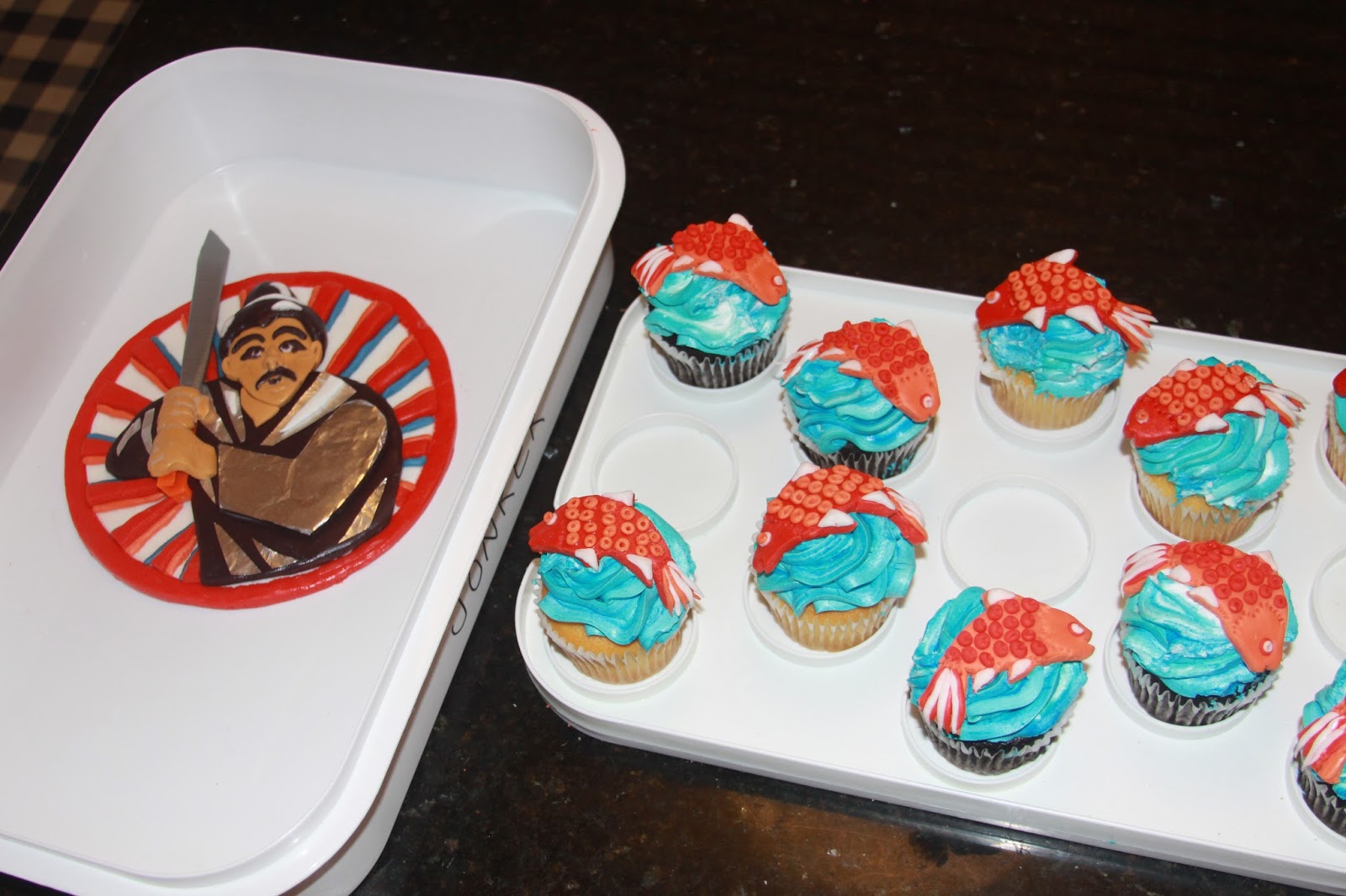 Katie's Cakes & Cupcakes: Jude's samurai birthday cake and koi cupcakes