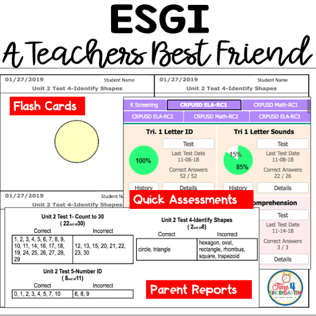 ESGI Saves you over 400 hours a year! Guides instruction by providing you with real-time student data. Automatically generates parent letters & customizable flash cards. Grants you free access to thousands of customizable assessments or you can instantly create your own!